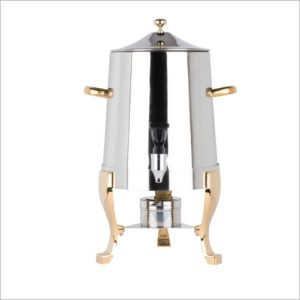 3-gallon stainless steel with gold trimmed legs and accents